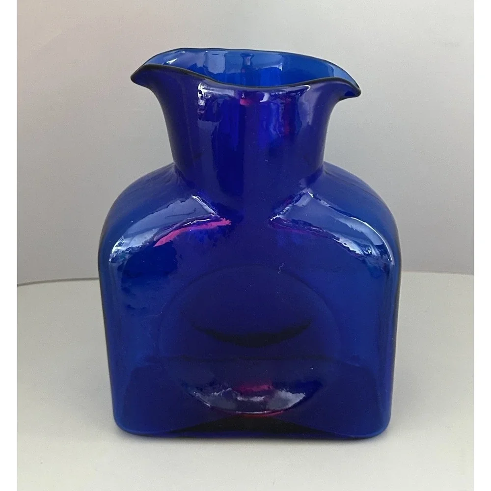 BLENKO Cobalt Blue Art Glass Double Spout Pitcher Vase Carafe 8